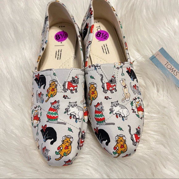 Toms Belmont Holiday Cats Shoes All over print Light gray size 8.5 Christmas - Picture 2 of 8